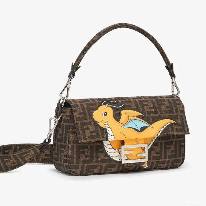 Cheap In Yellow Dragon Pokmon Baguette Motif Medium Brown Fabric FF Fendi Bag 0430